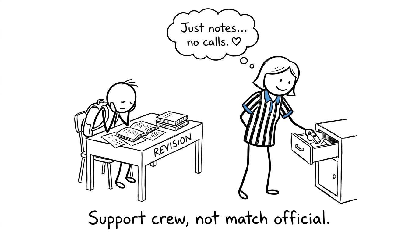 A parent acts as support crew rather than a revision referee