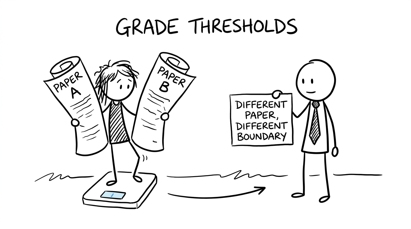A student weighs two different exam papers while an examiner explains that different papers need different boundaries