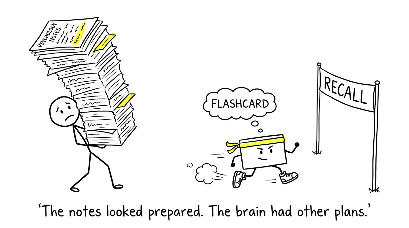 A tiny recall card outruns a tower of highlighted notes