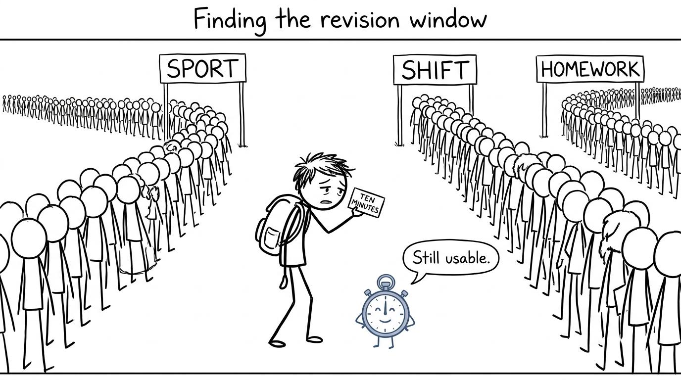 A student finding a usable ten-minute revision window between sport, work and homework