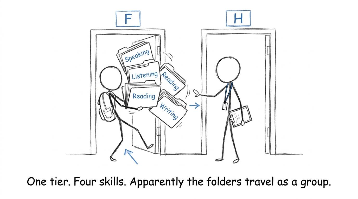 Four German assessment folders attempting to travel through different tier doors