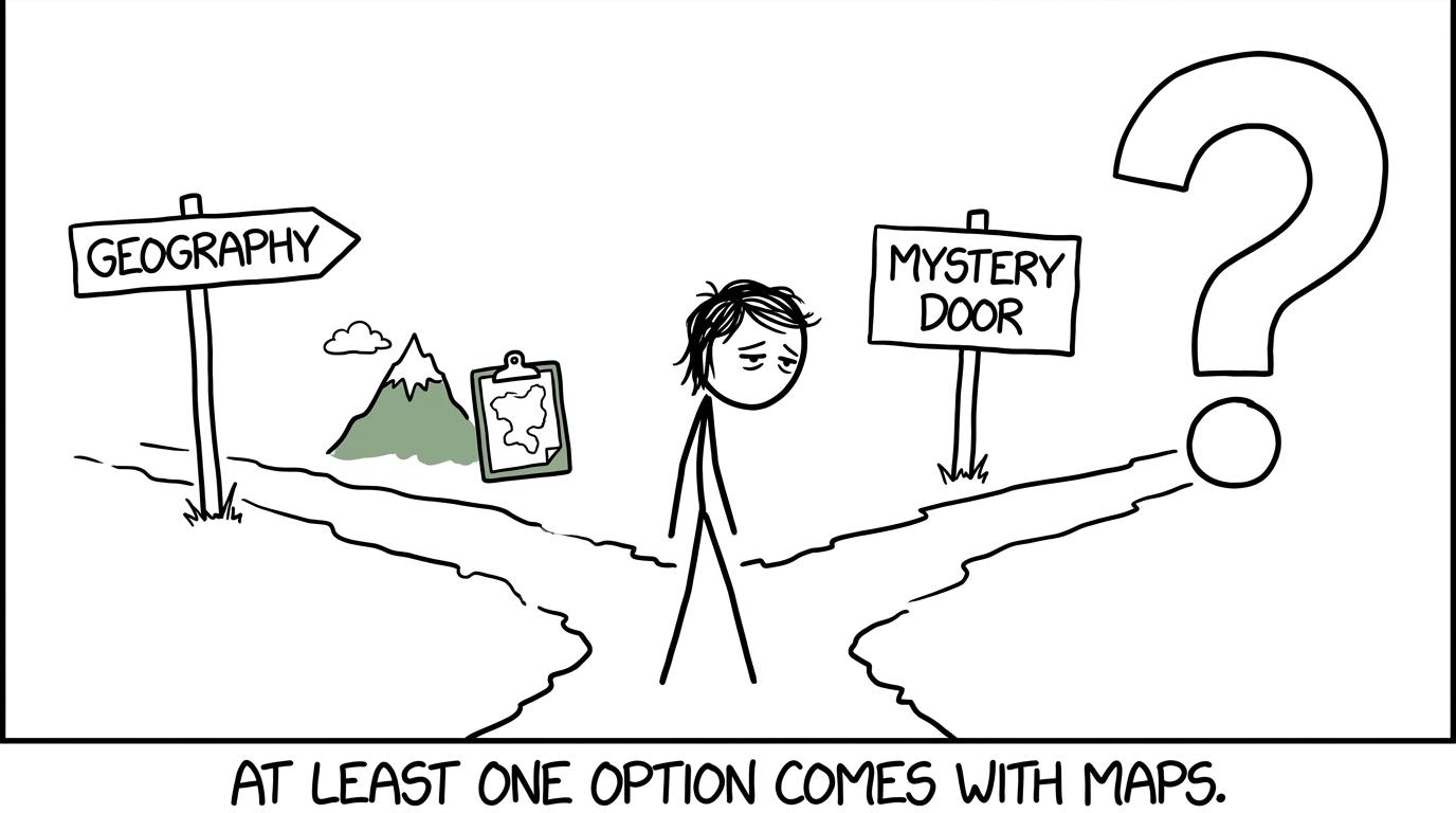 A student choosing between Geography and a mysterious subject door