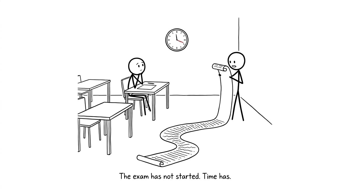 An invigilator reads instructions from a comically long scroll