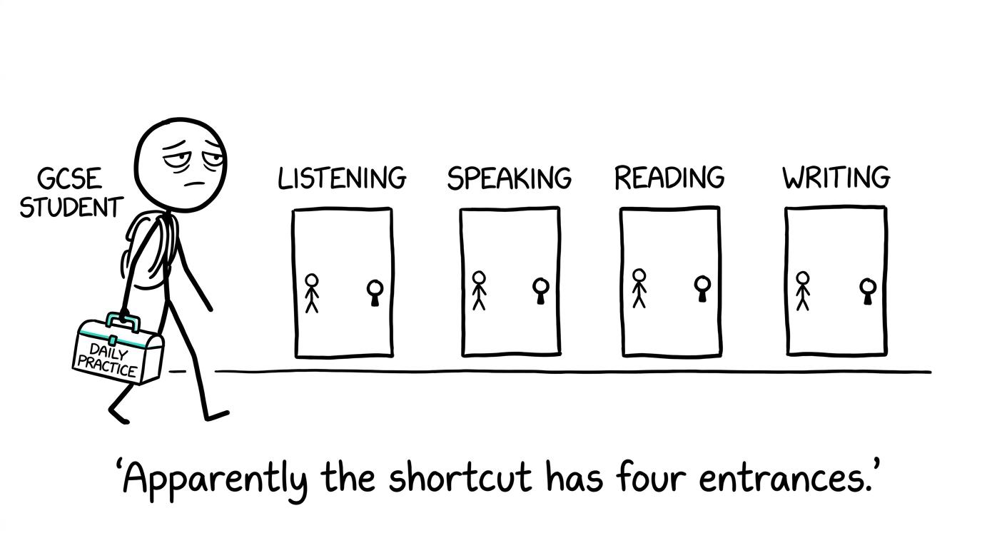 A student approaching the four entrances to GCSE Arabic with a daily-practice toolbox