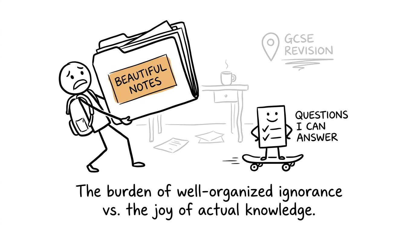 A giant folder of beautiful notes watches a small checklist of answerable questions roll past