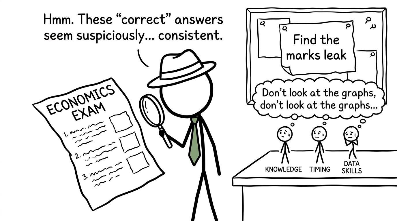 A student detective investigating knowledge, timing and data skills as possible marks leaks