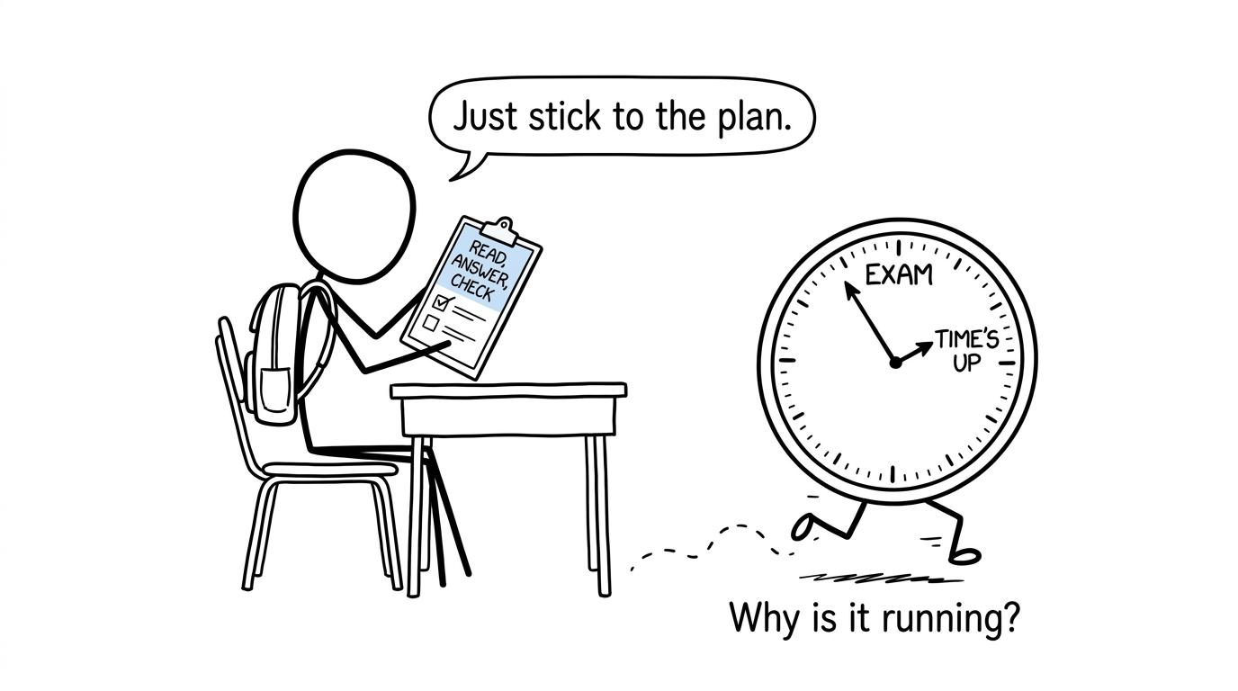 A student calmly follows a checklist while the exam clock tries to run away