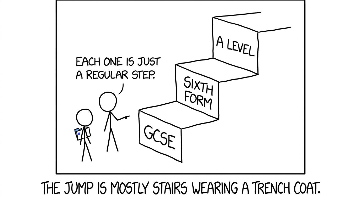 A student discovers that the intimidating sixth-form jump is really a staircase