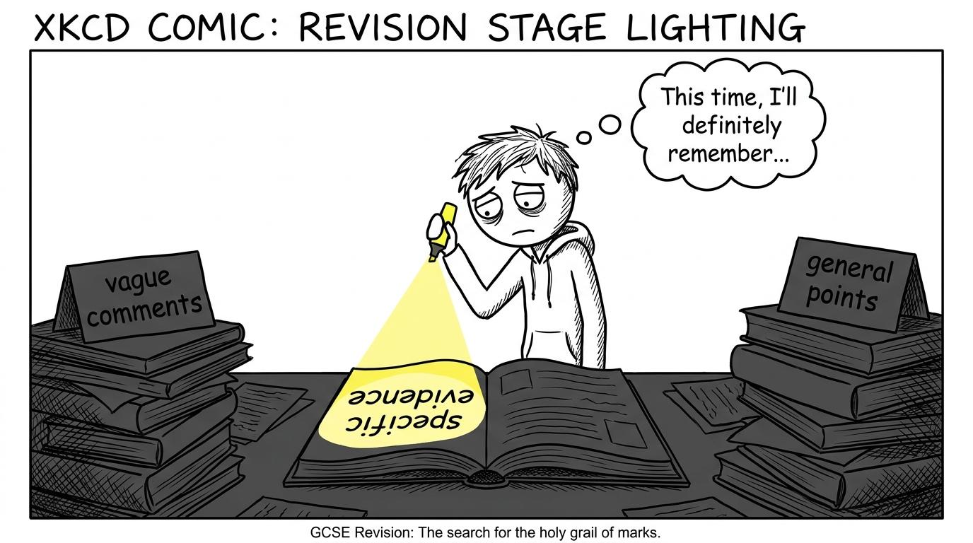 A revision spotlight reveals specific evidence while vague comments remain backstage