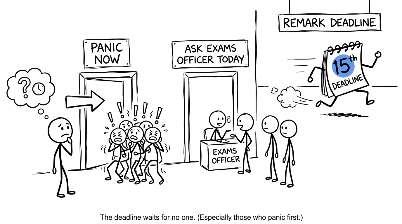 A student chooses between panicking and asking the exams officer while a deadline calendar runs away