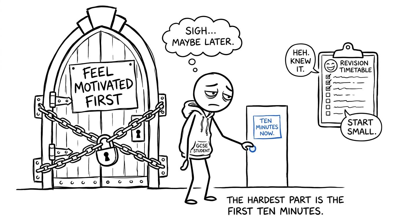 A student choosing the small door marked ten minutes now instead of waiting to feel motivated