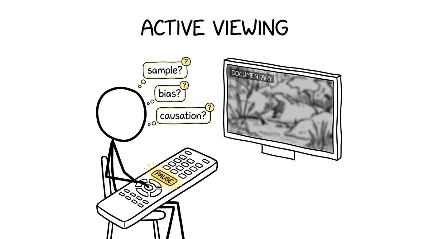 A student pauses a documentary to question its sample, bias and causal claims