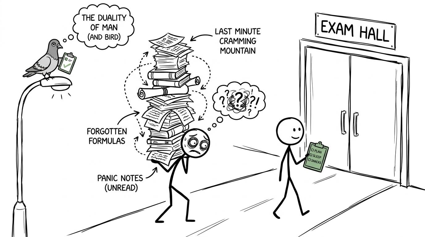 A rested student and an overloaded crammer approach an exam hall under a pigeon's judgement