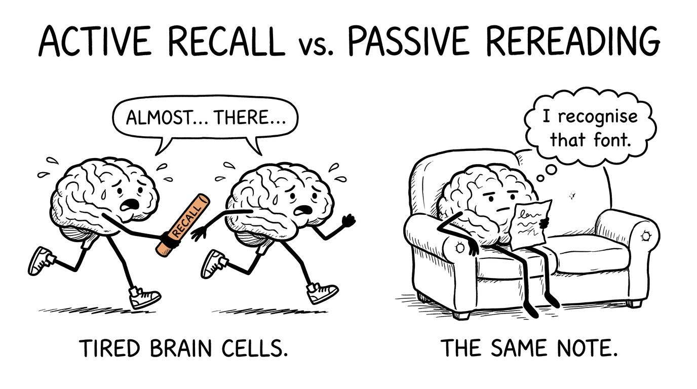 Brain cells passing an active-recall baton while another rereads notes