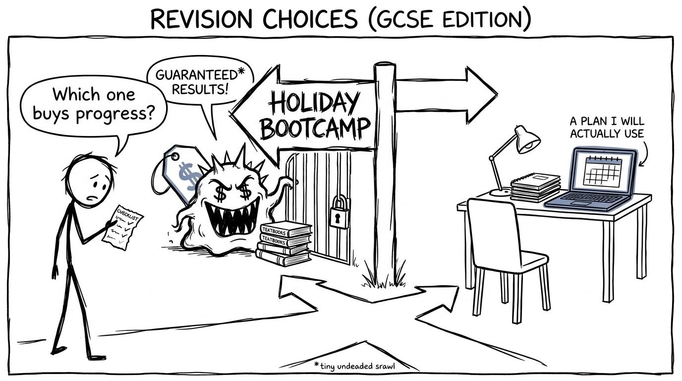 A student choosing between a costly bootcamp and a practical revision plan