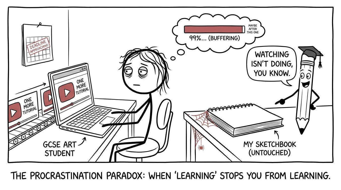 A student discovers that watching another tutorial is not the same as opening the sketchbook