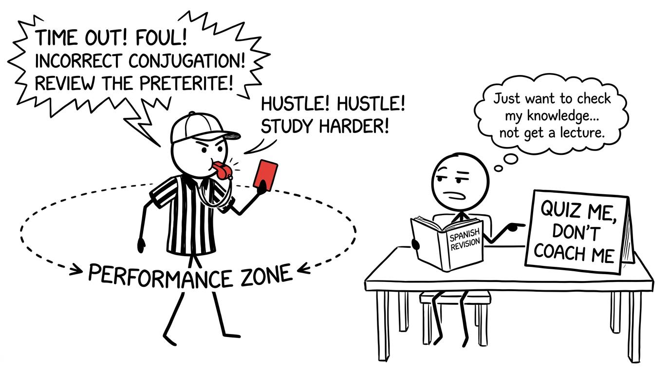 An overenthusiastic parent referee learns to quiz rather than coach