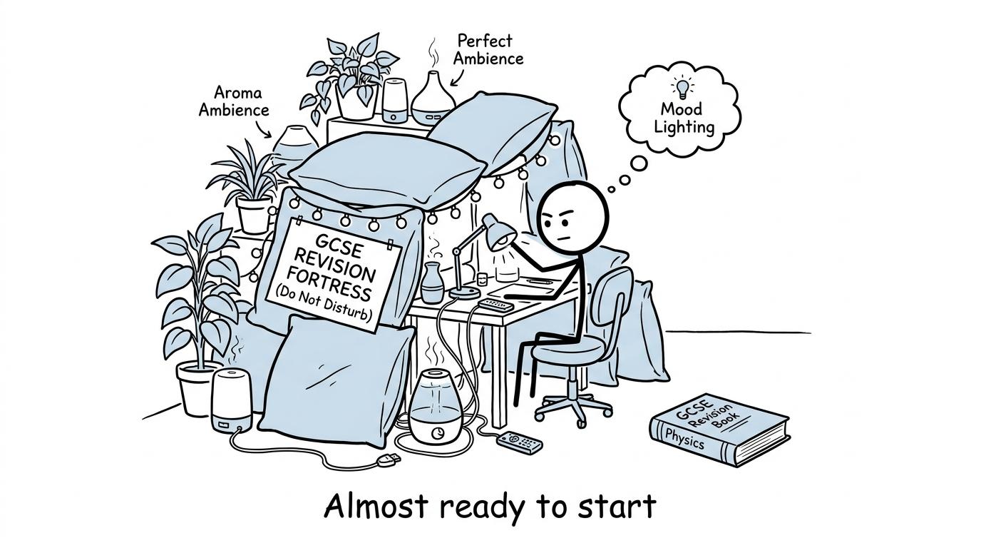A student builds an elaborate revision fortress while the book waits unopened