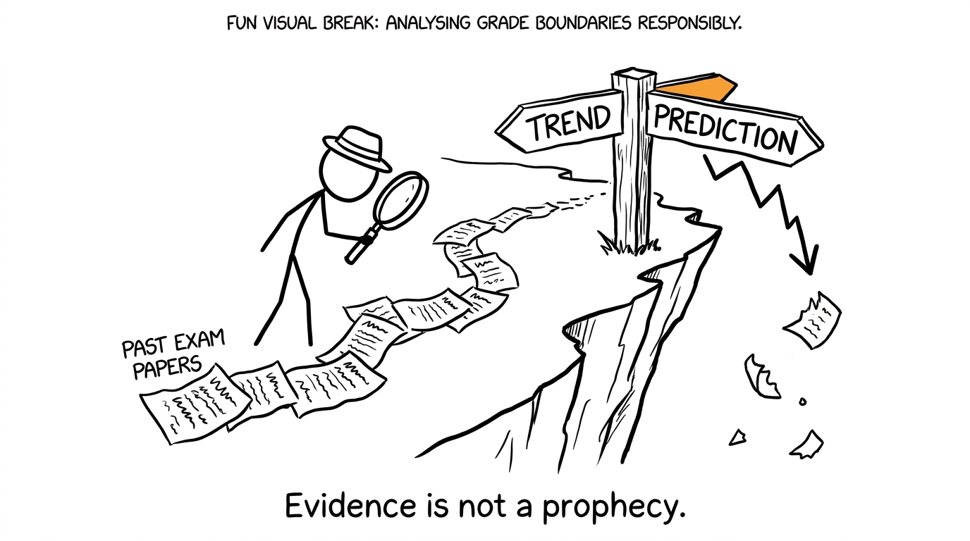 A student detective choosing between a trail marked trend and a cliff marked prediction