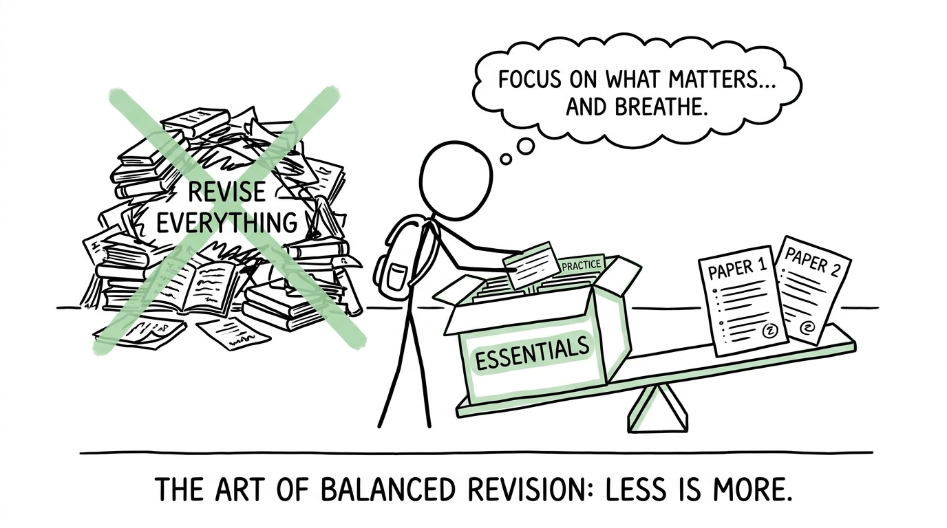 A calm student balances revision between two papers instead of trying to revise everything at once