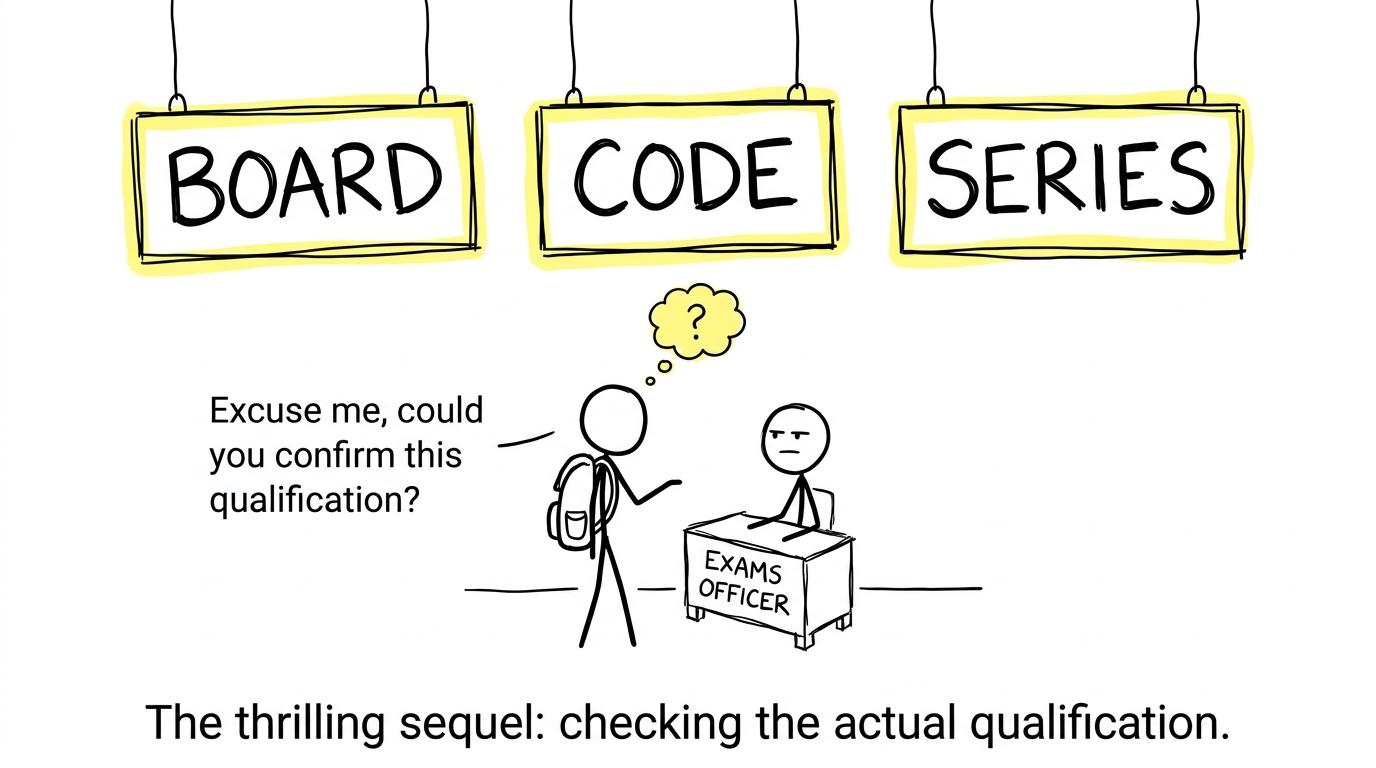 An exams officer and student investigate the board, code and examination series