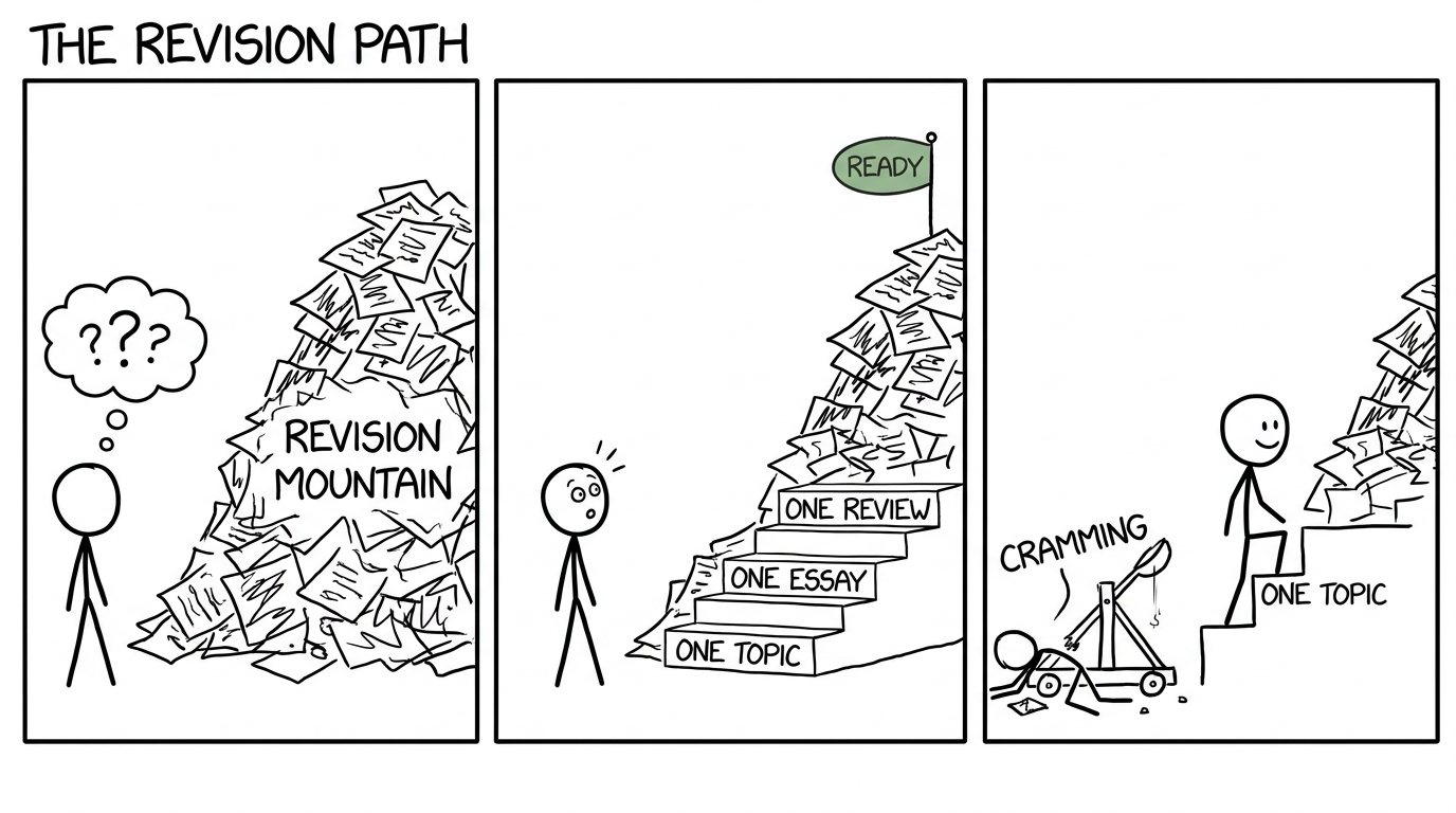 A student choosing a steady revision staircase instead of a cramming catapult