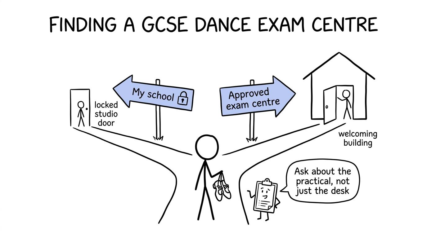 A student follows the route from a locked school studio towards an approved exam centre