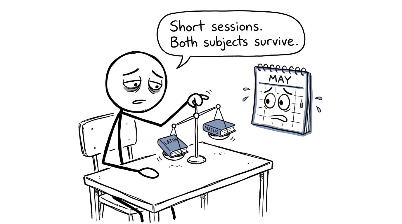 A student balancing Latin and maths revision books on a nervous calendar