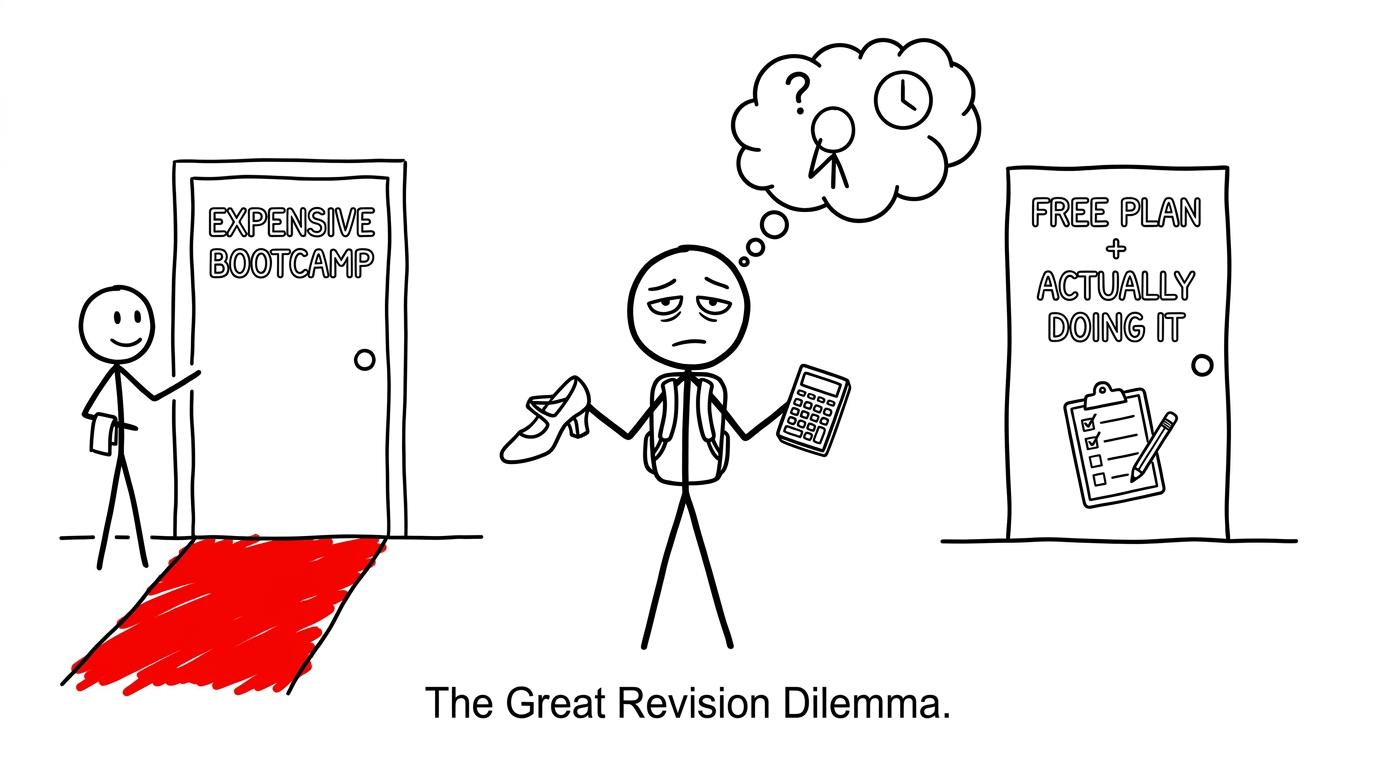 A student choosing between an expensive bootcamp and a practical revision plan