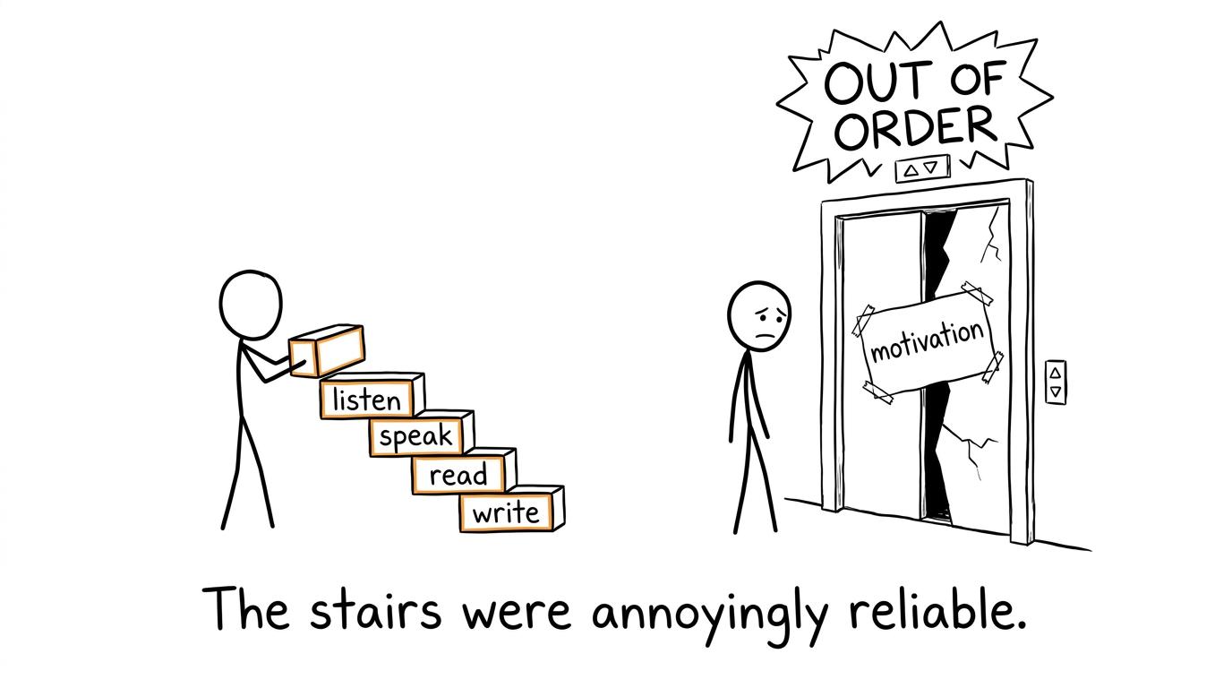 A student chooses the reliable revision stairs instead of waiting for the motivation lift
