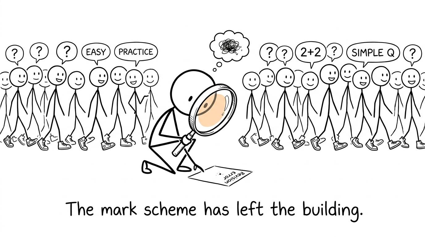 A perfectionist inspects one tiny error while the practice questions escape