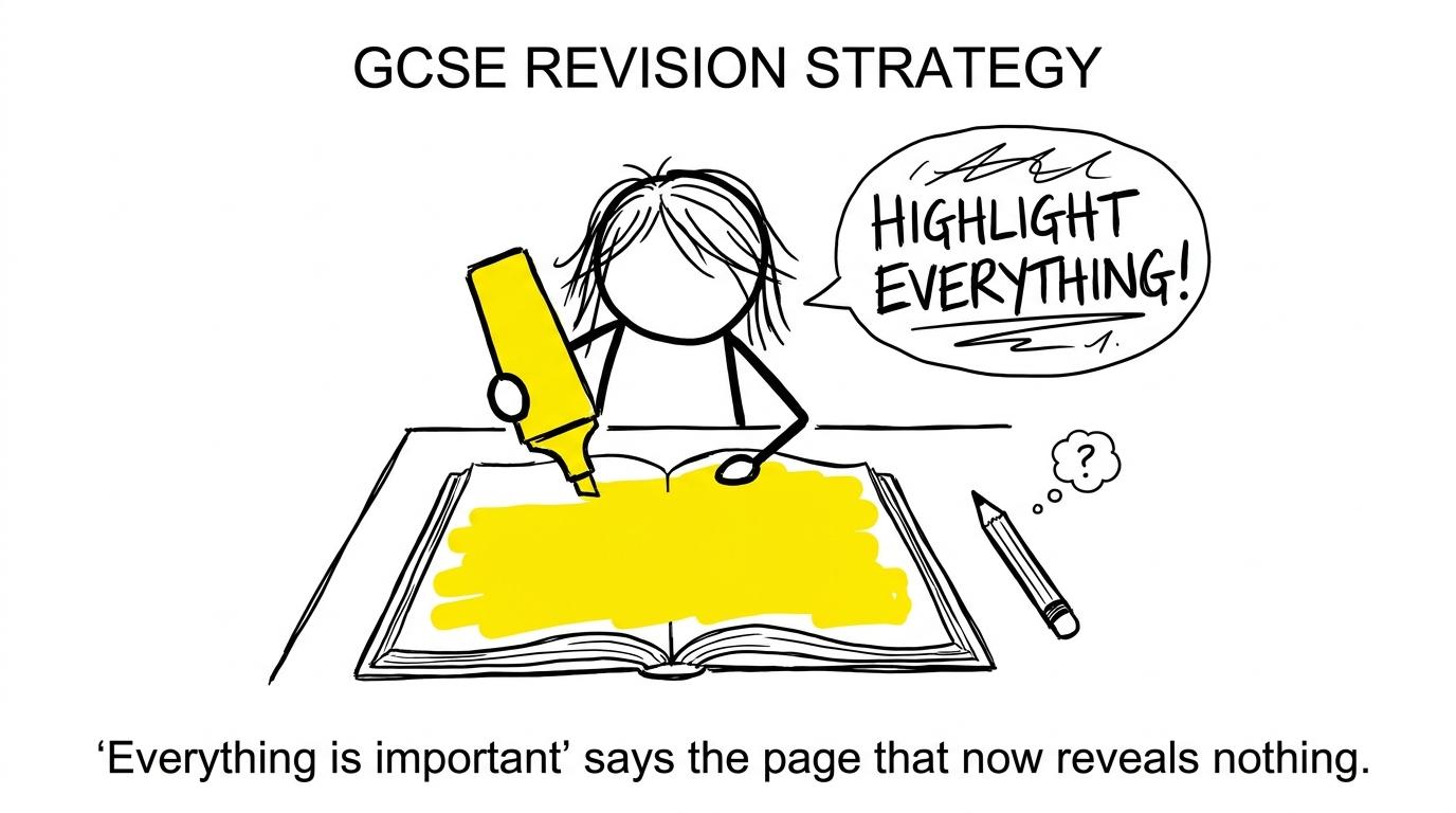 A student highlights everything and therefore reveals nothing