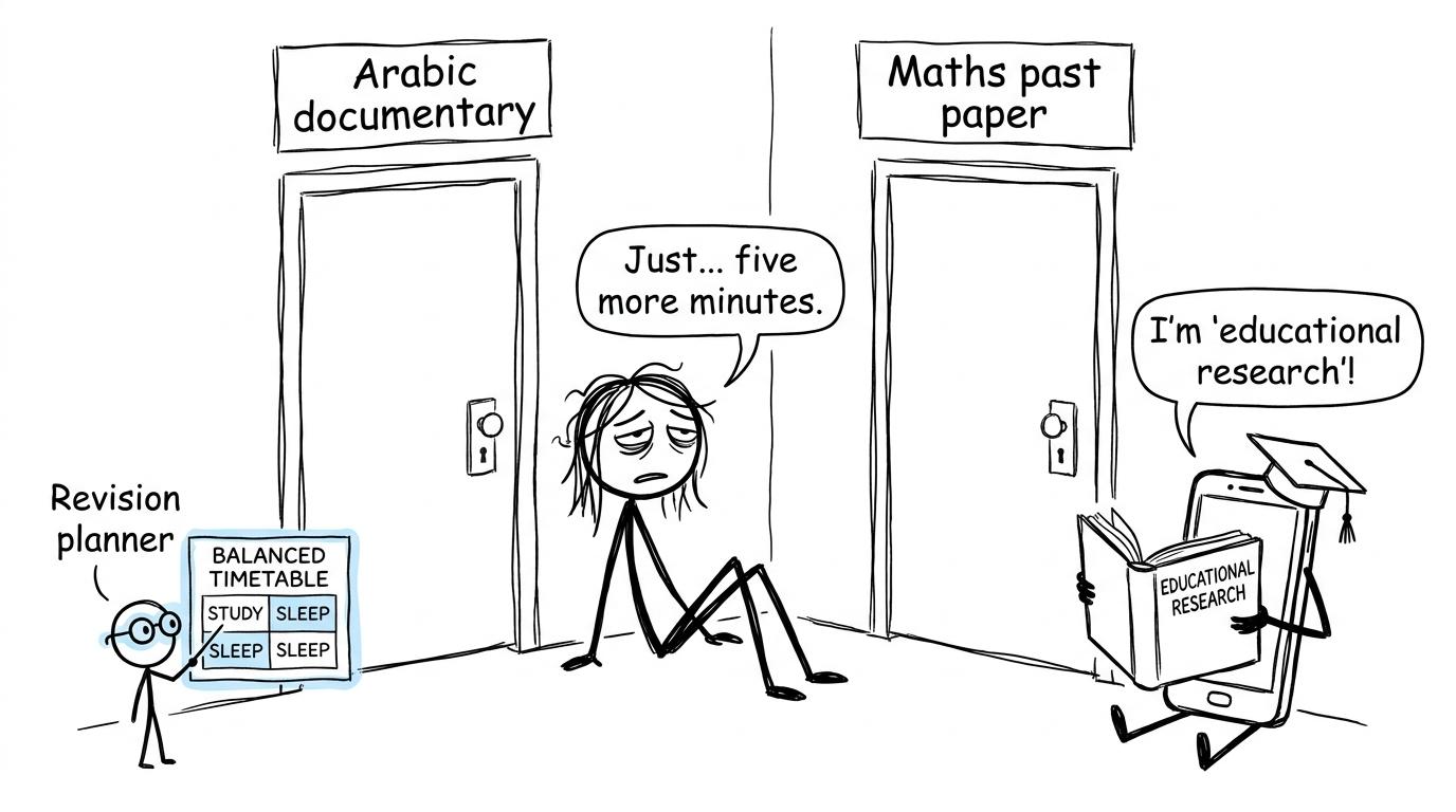 A GCSE student balancing an Arabic documentary and a maths past paper