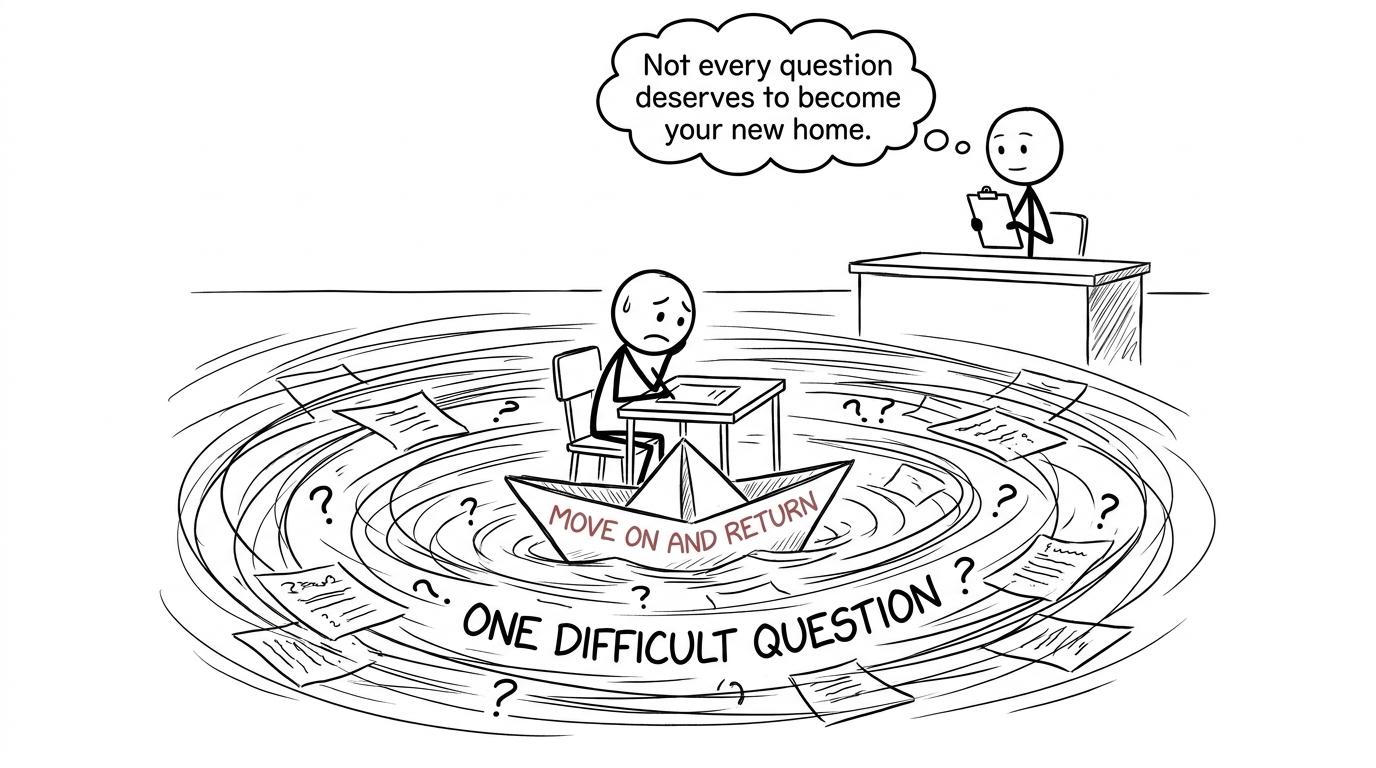 A student escapes a difficult-question whirlpool in a boat labelled Move On and Return