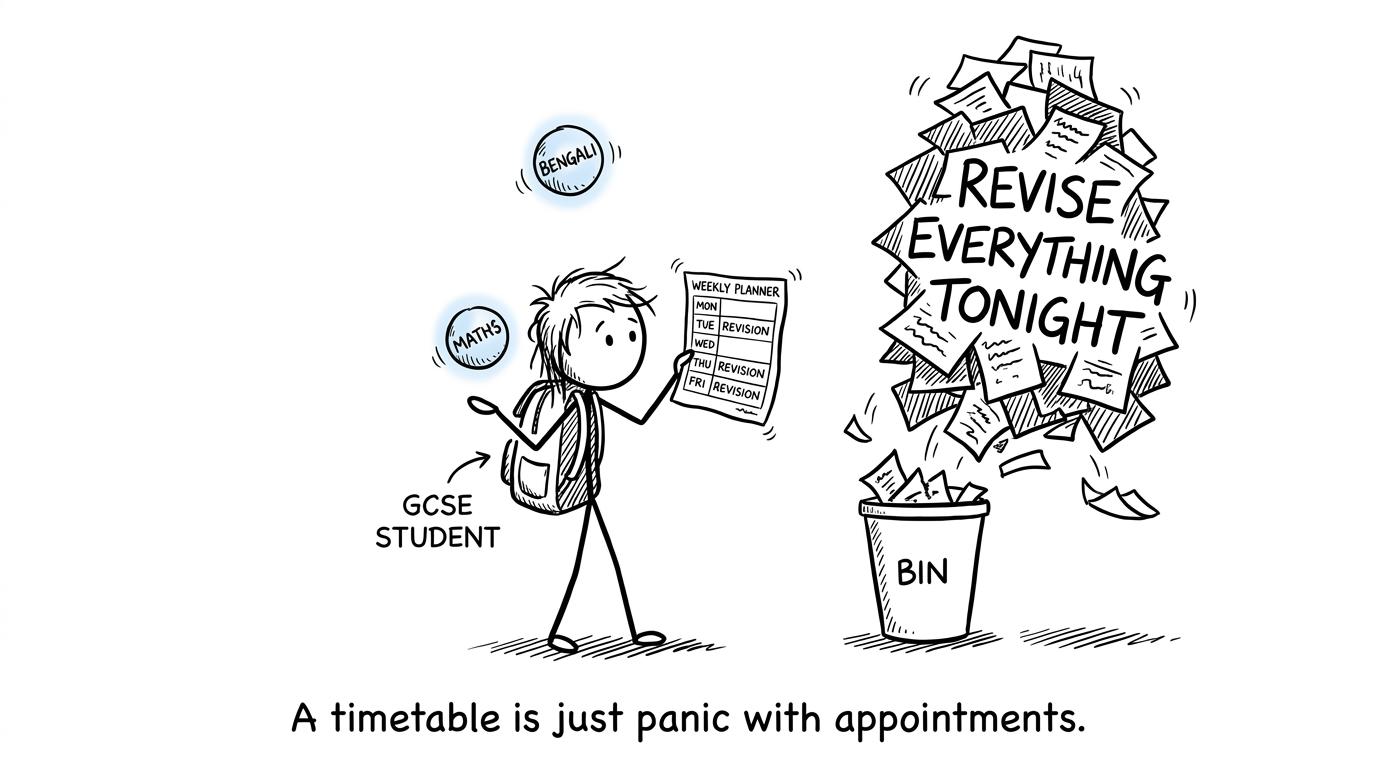A student balances Bengali and maths while an unrealistic revision pile falls into a bin