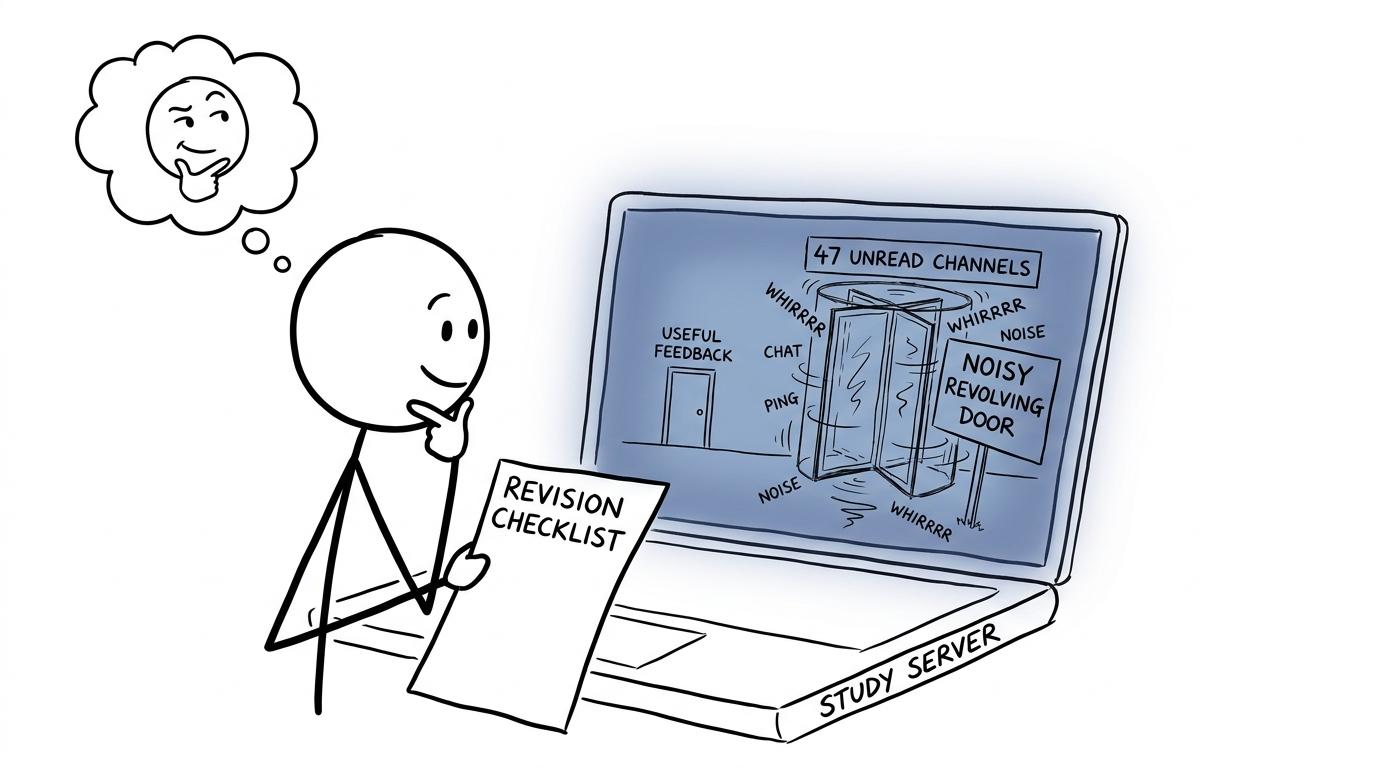 A student choosing between useful feedback and too many unread study channels
