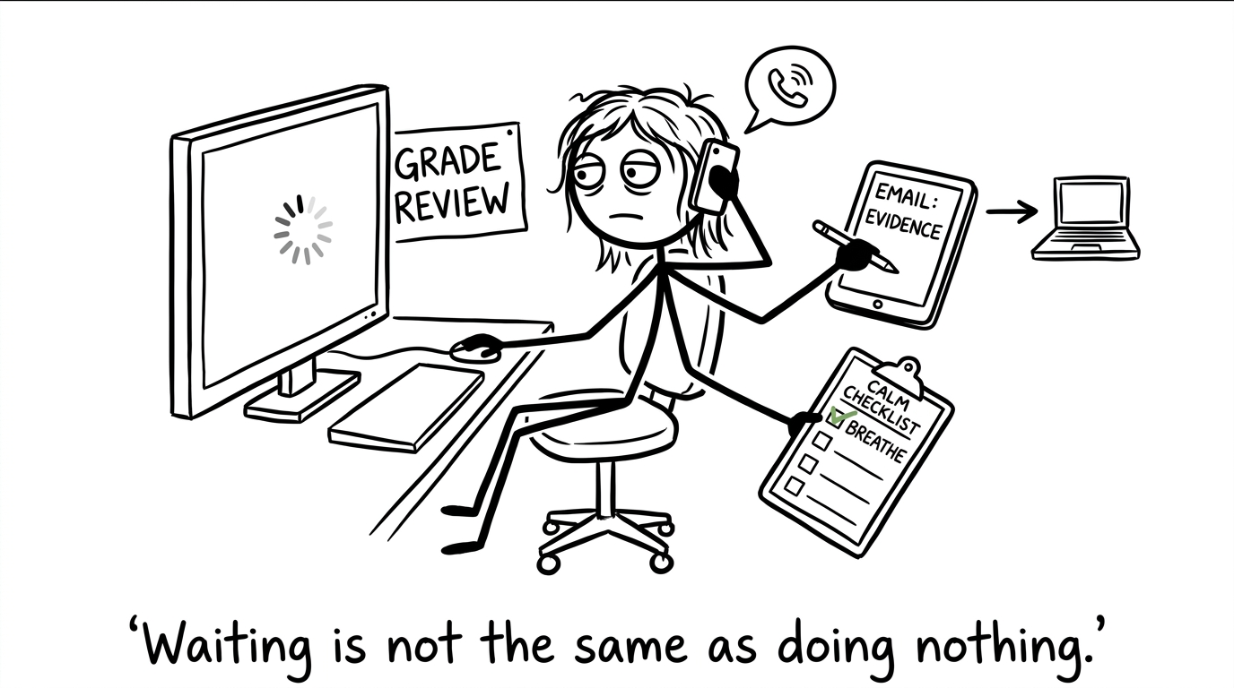 A student waits for a grade review while phoning, emailing and checking a list