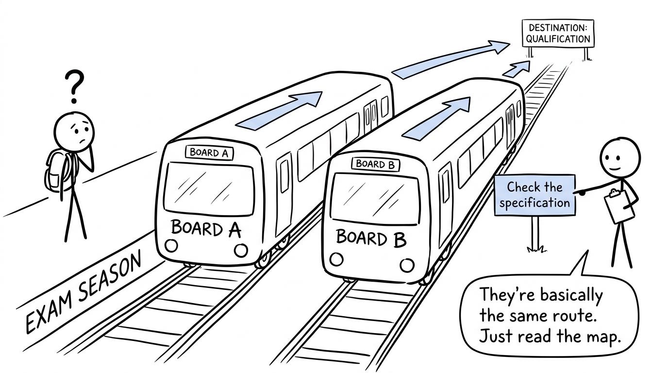 A student choosing between two exam-board trains while a teacher points towards the specification