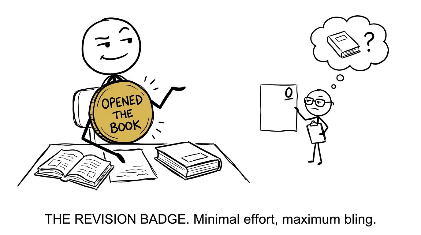 A student earns a huge badge for merely opening a revision book while an examiner waits for actual work