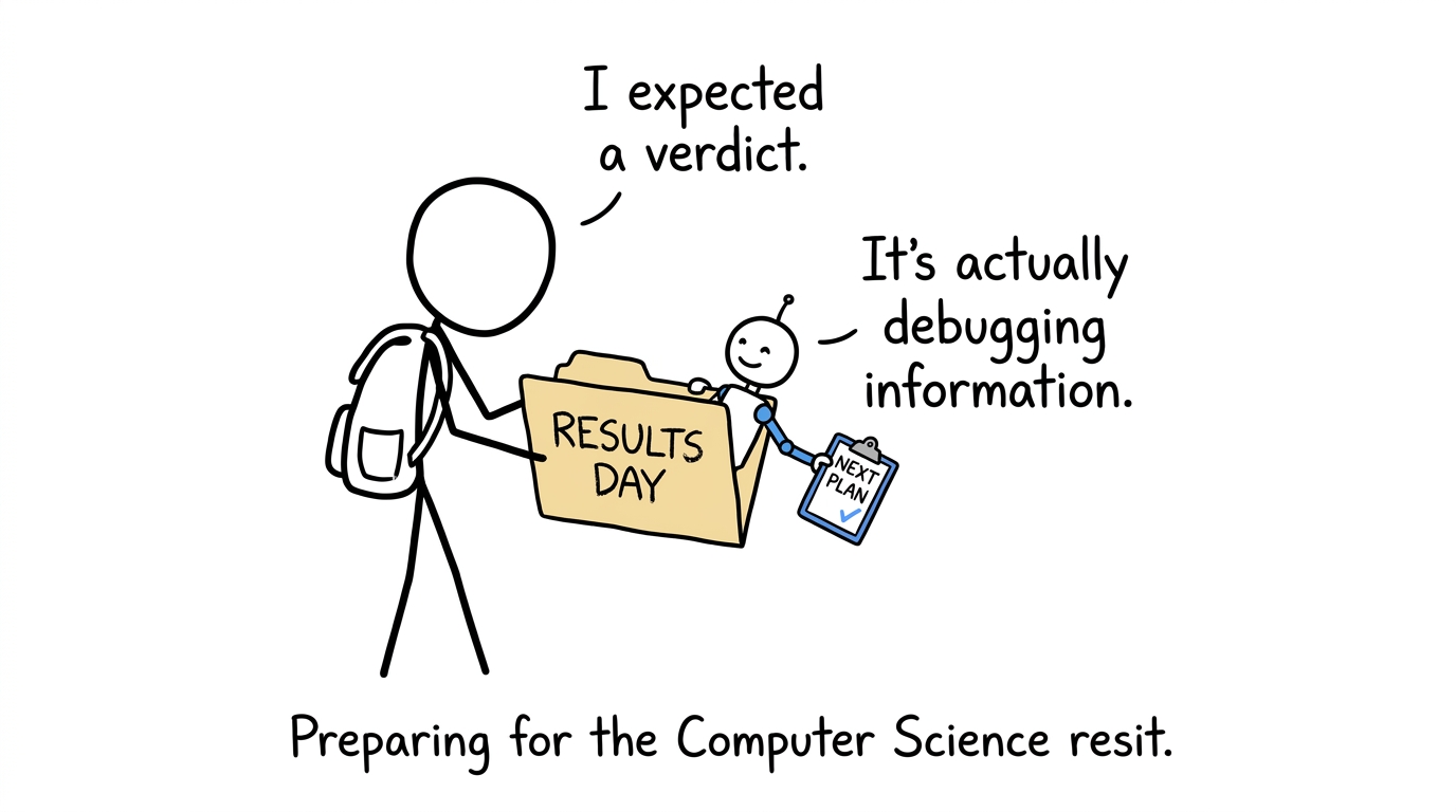 A results-day folder produces a friendly robot carrying a next-plan clipboard