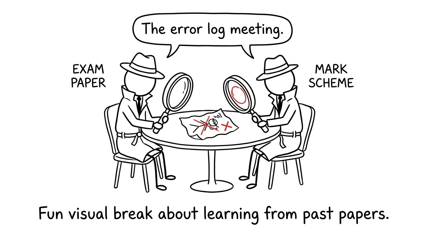 An exam paper and mark scheme investigate a crossed-out answer at an error-log meeting