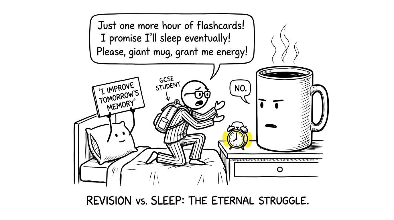 A pillow explains the value of sleep to a student negotiating with an enormous coffee mug