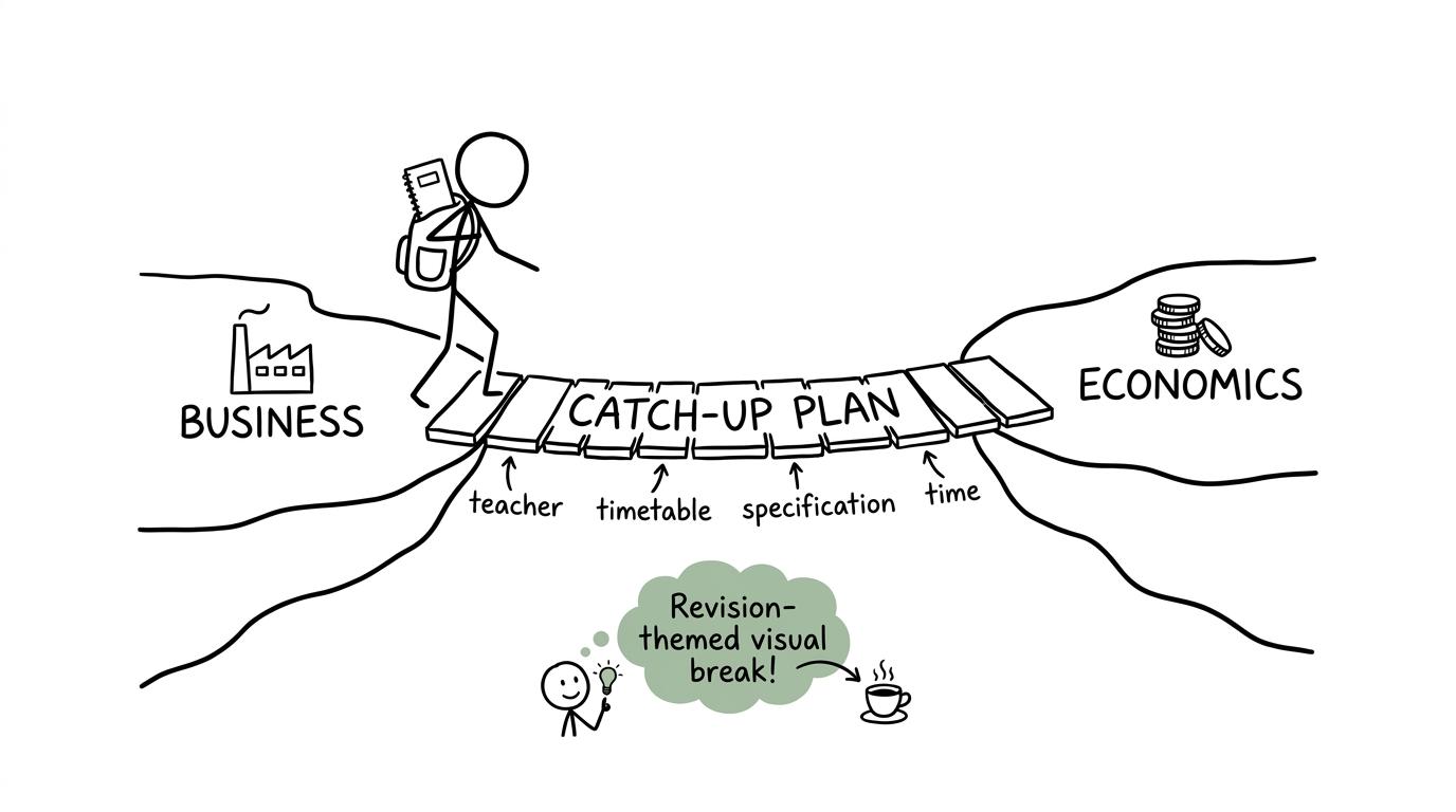 A student crossing a catch-up bridge supported by timetable, teacher and specification planks