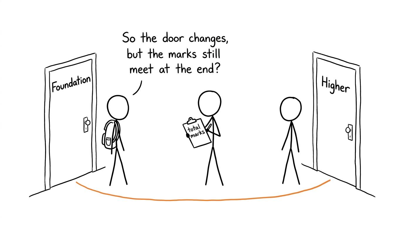 Students choosing Foundation and Higher doors while an examiner holds the total-marks clipboard