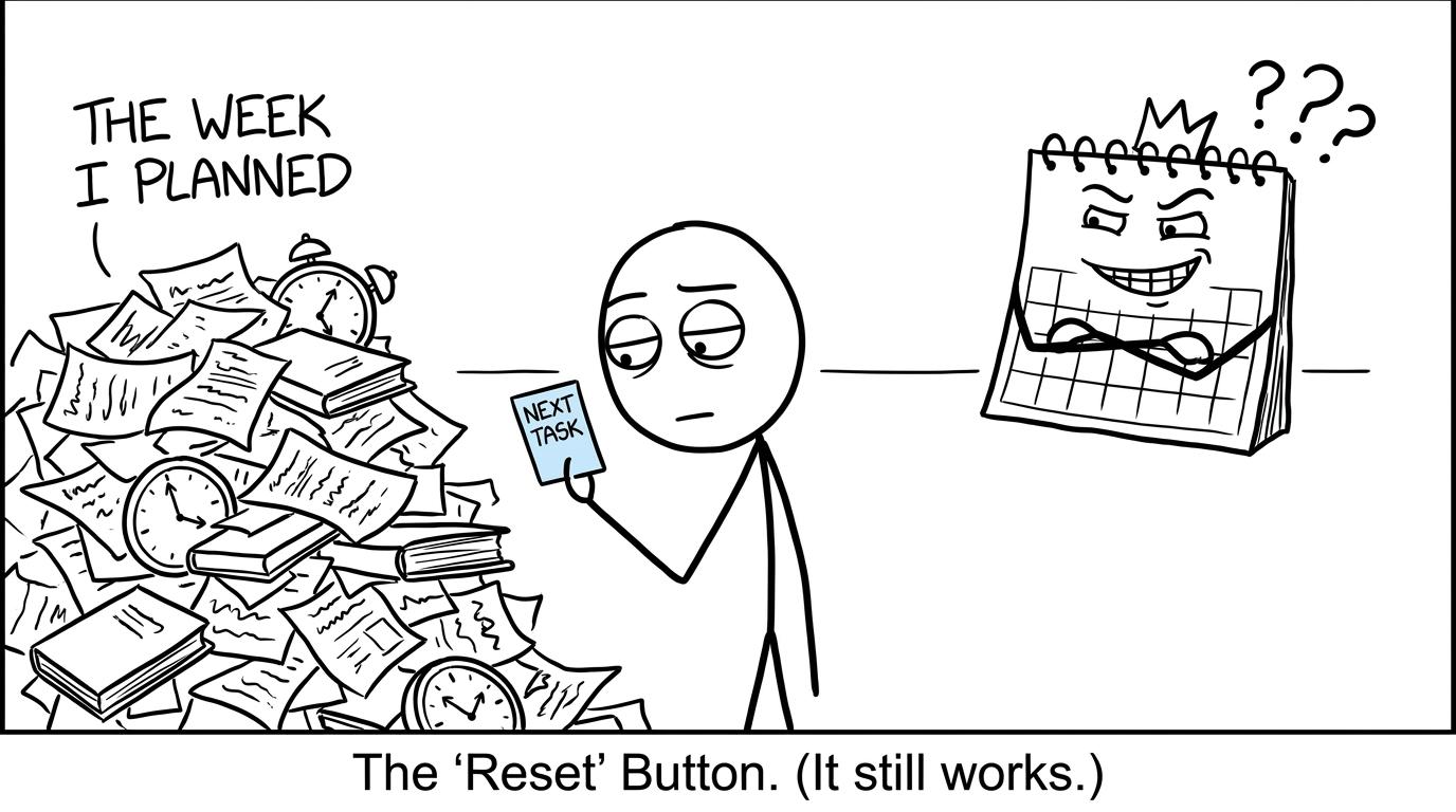A student choosing one manageable revision task while an abandoned calendar monster looks confused