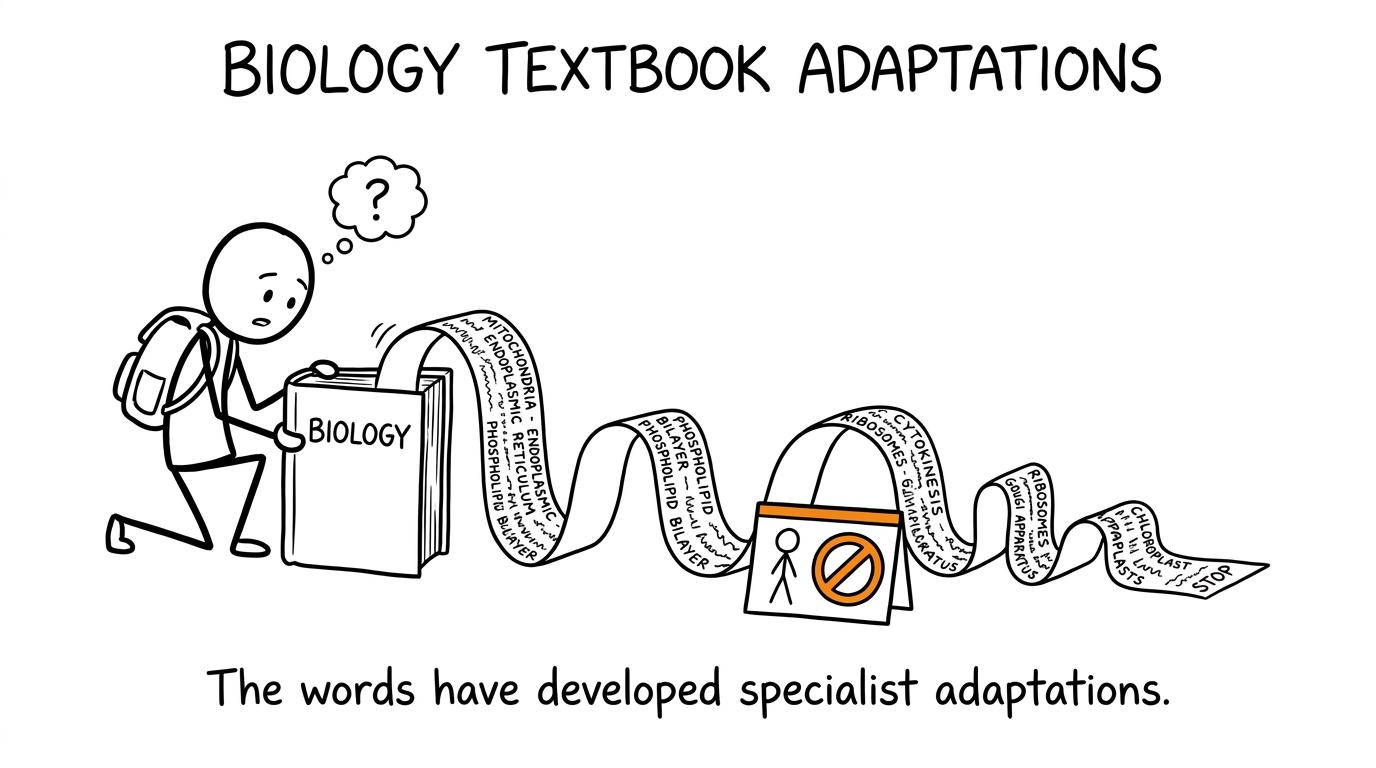 A biology textbook releasing an unexpectedly long ribbon of vocabulary