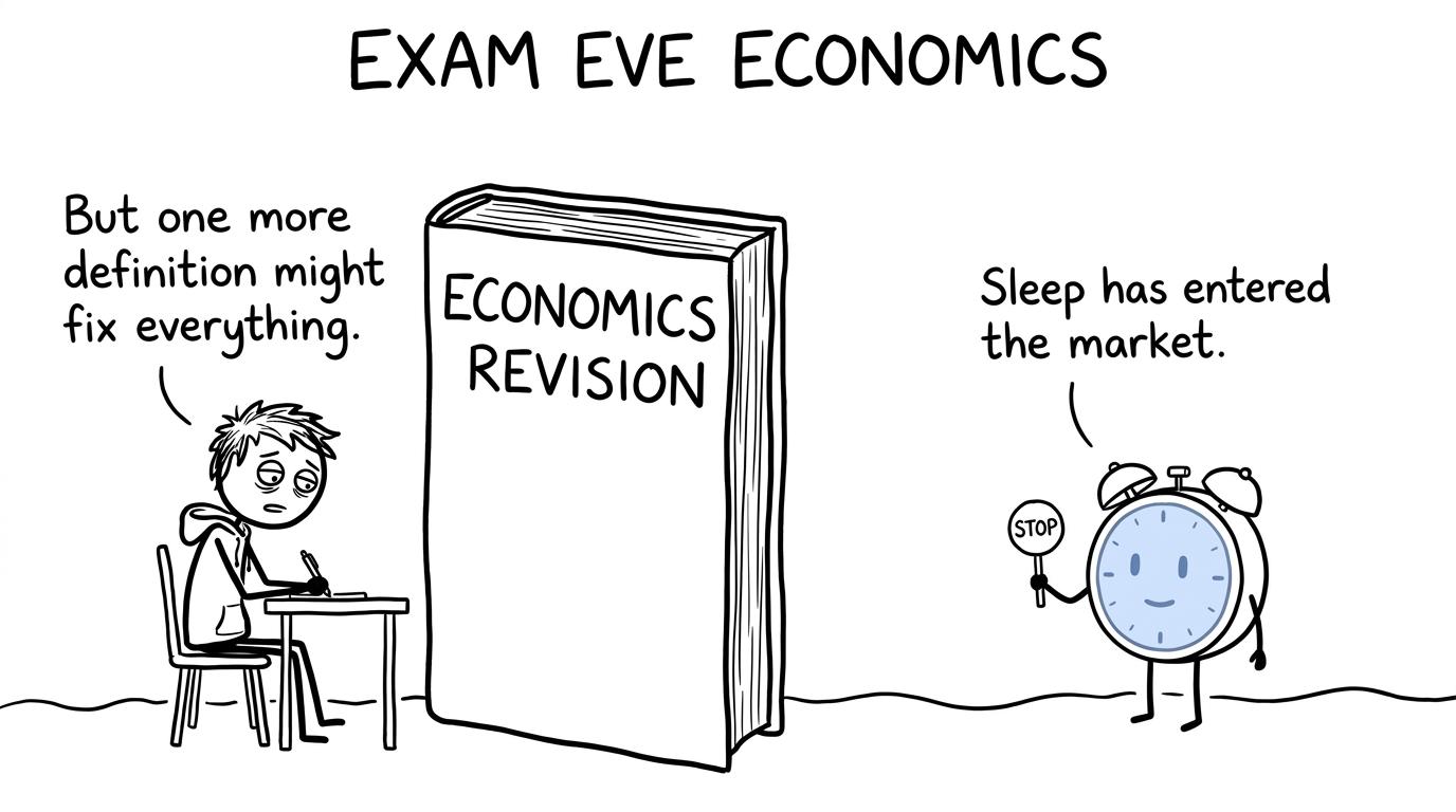 A tired GCSE student negotiates with an alarm clock about one more economics definition
