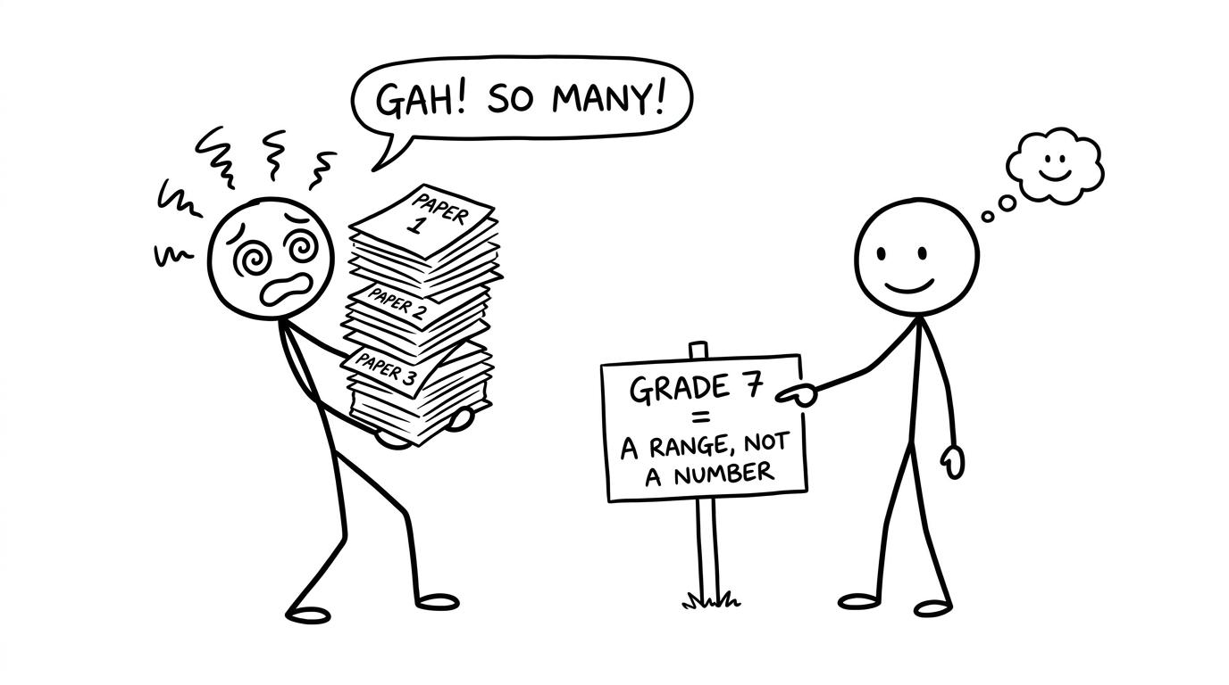 Stick figures holding three exam papers and a sign about grade ranges