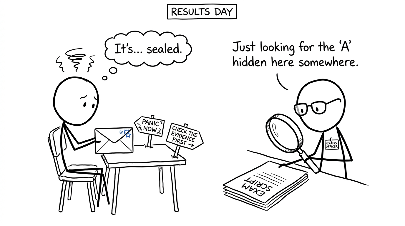 A student choosing between panic and checking the evidence on results day