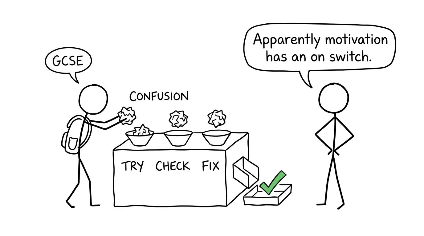 A revision machine turning attempts, checks and fixes into progress